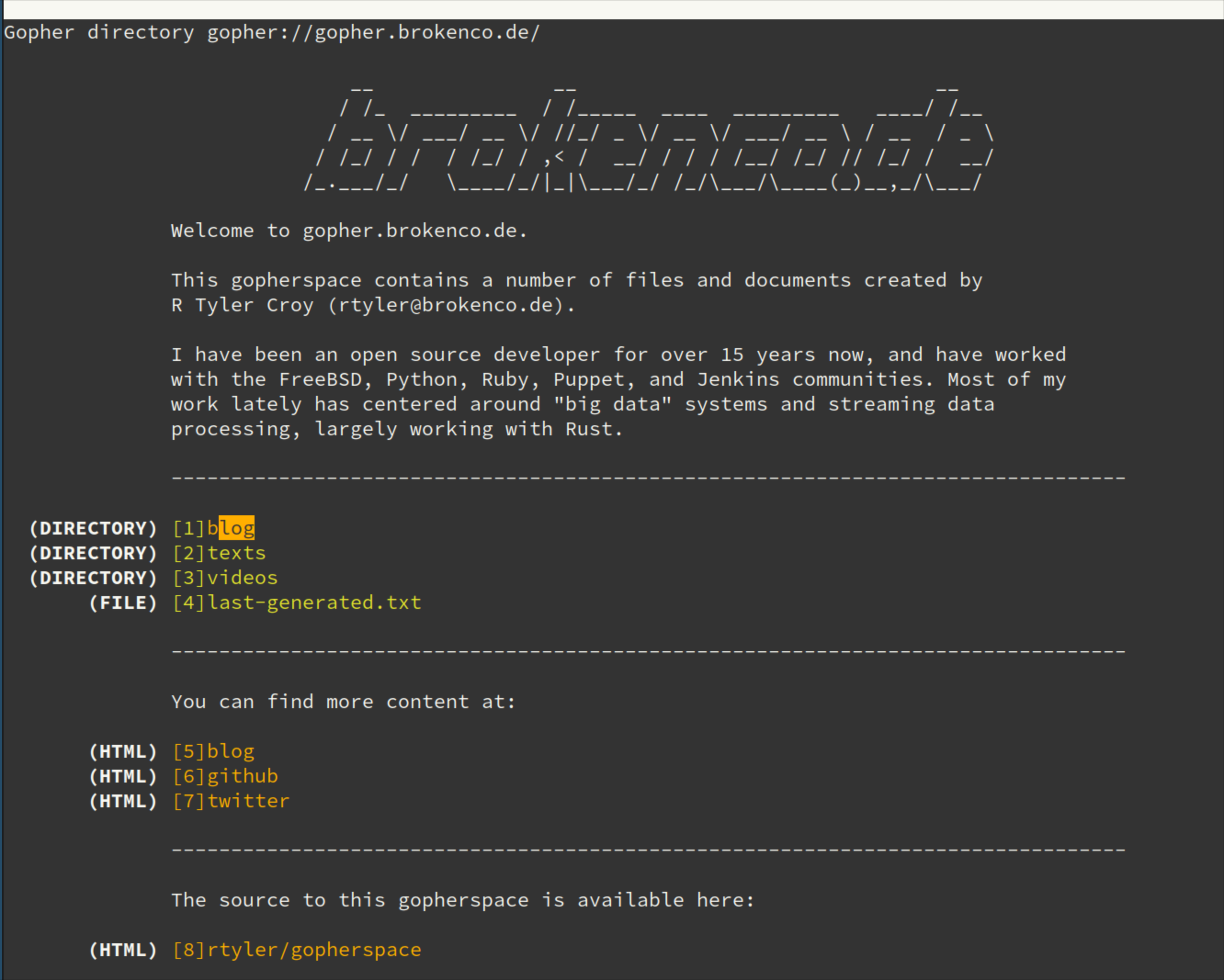 gopher.brokenco.de viewed with elinks